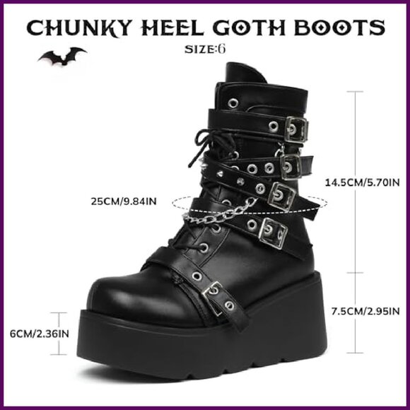 Platform Combat Boots with Side Zip Wedge Heel Leather Motorcycle - Picture 7 of 8